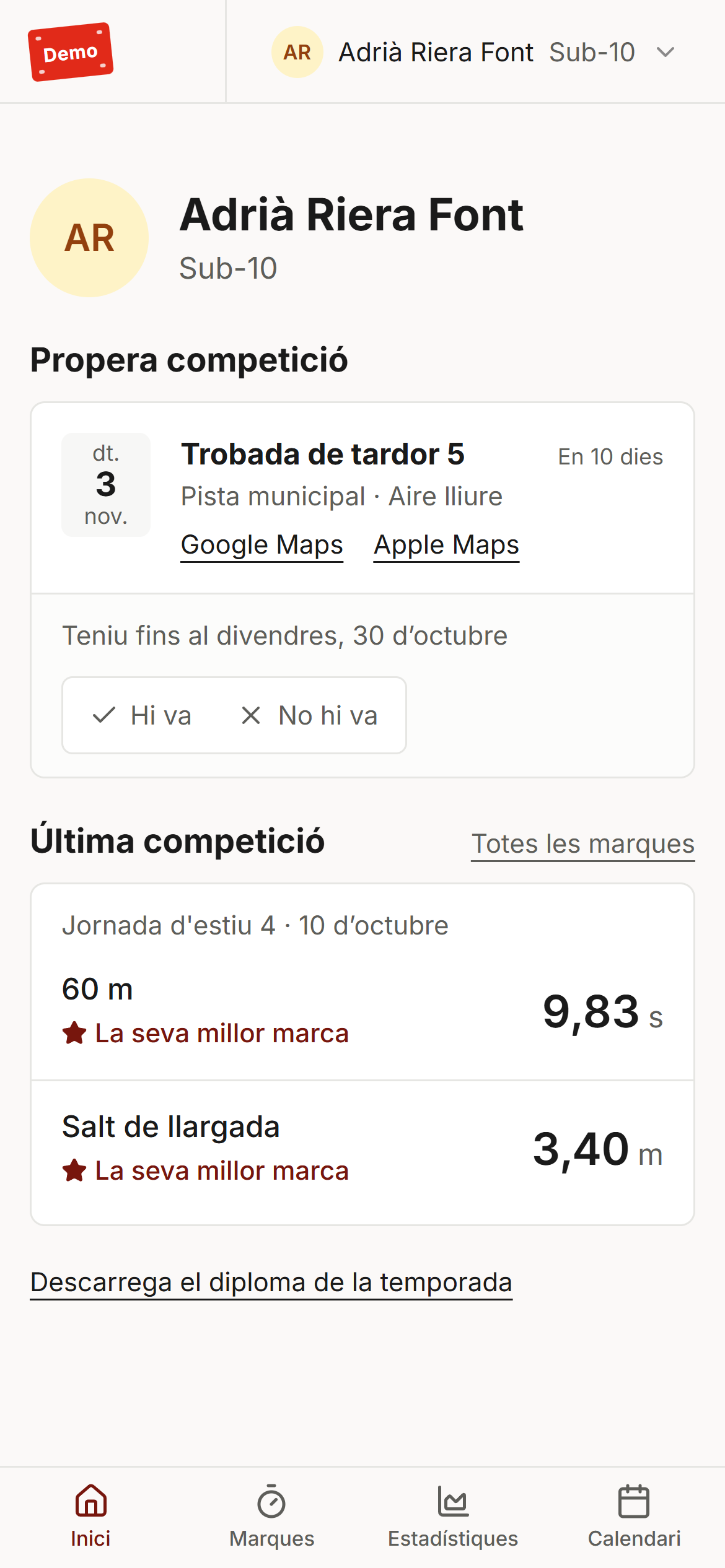 La vista de família de Dorsal al mòbil: el perfil d'un atleta de la demo amb el seu codi, categoria, competicions i marques