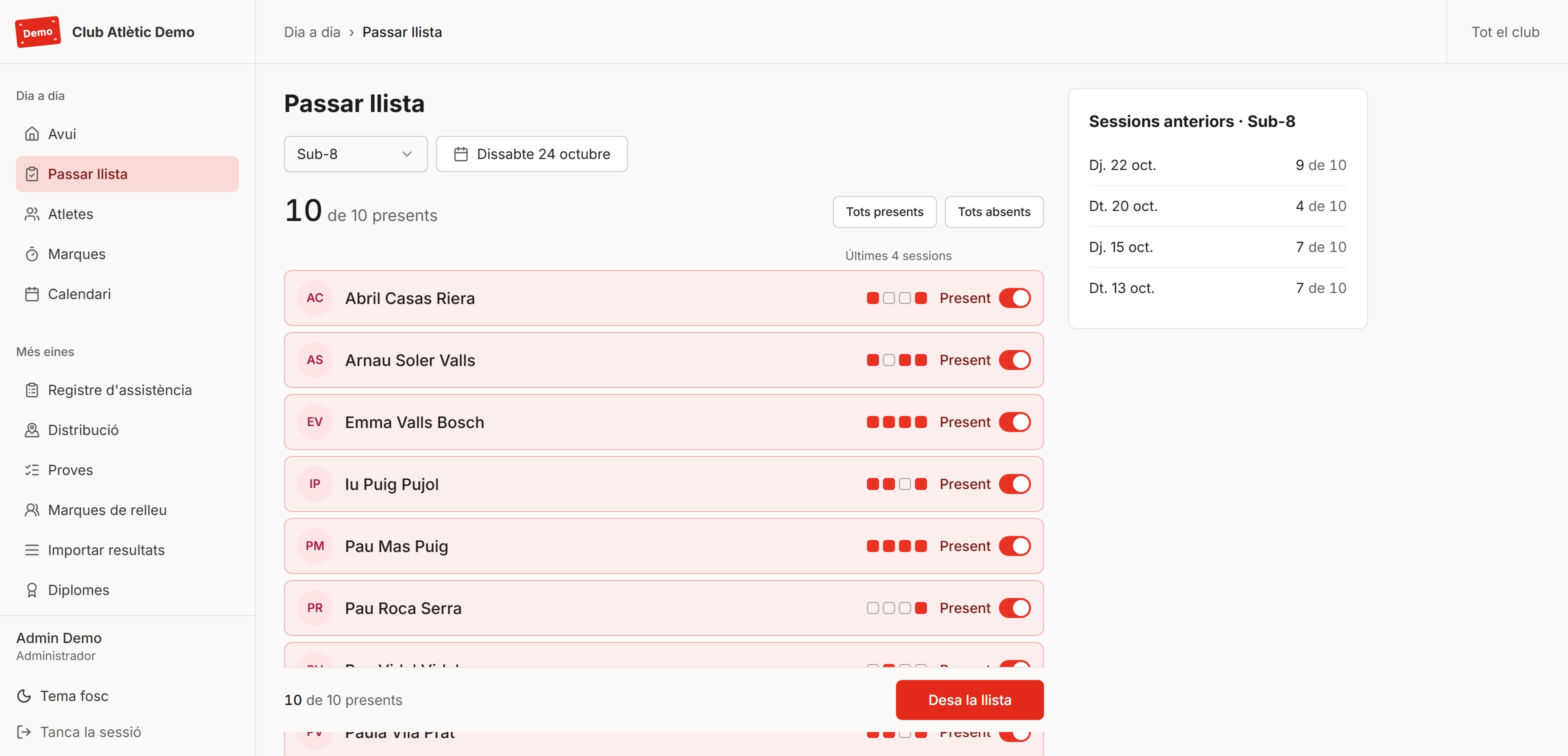 Pantalla de passar llista de la categoria Sub-8, amb deu atletes marcats com a presents